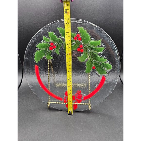 Peggy Karr Fused Glass Holiday Plate Holly & Berries with Bow Signed - Picture 3 of 4